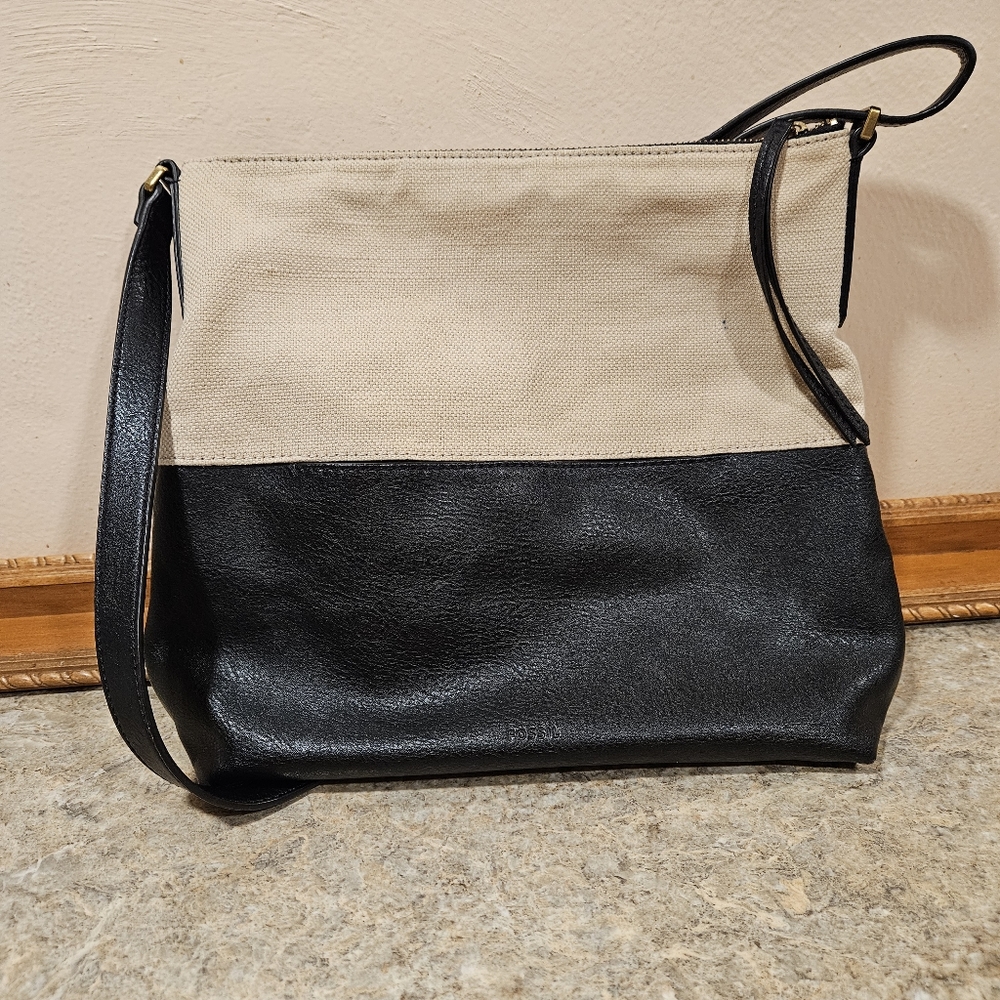Fossil black and cream leather and canvas crossbody/satchel